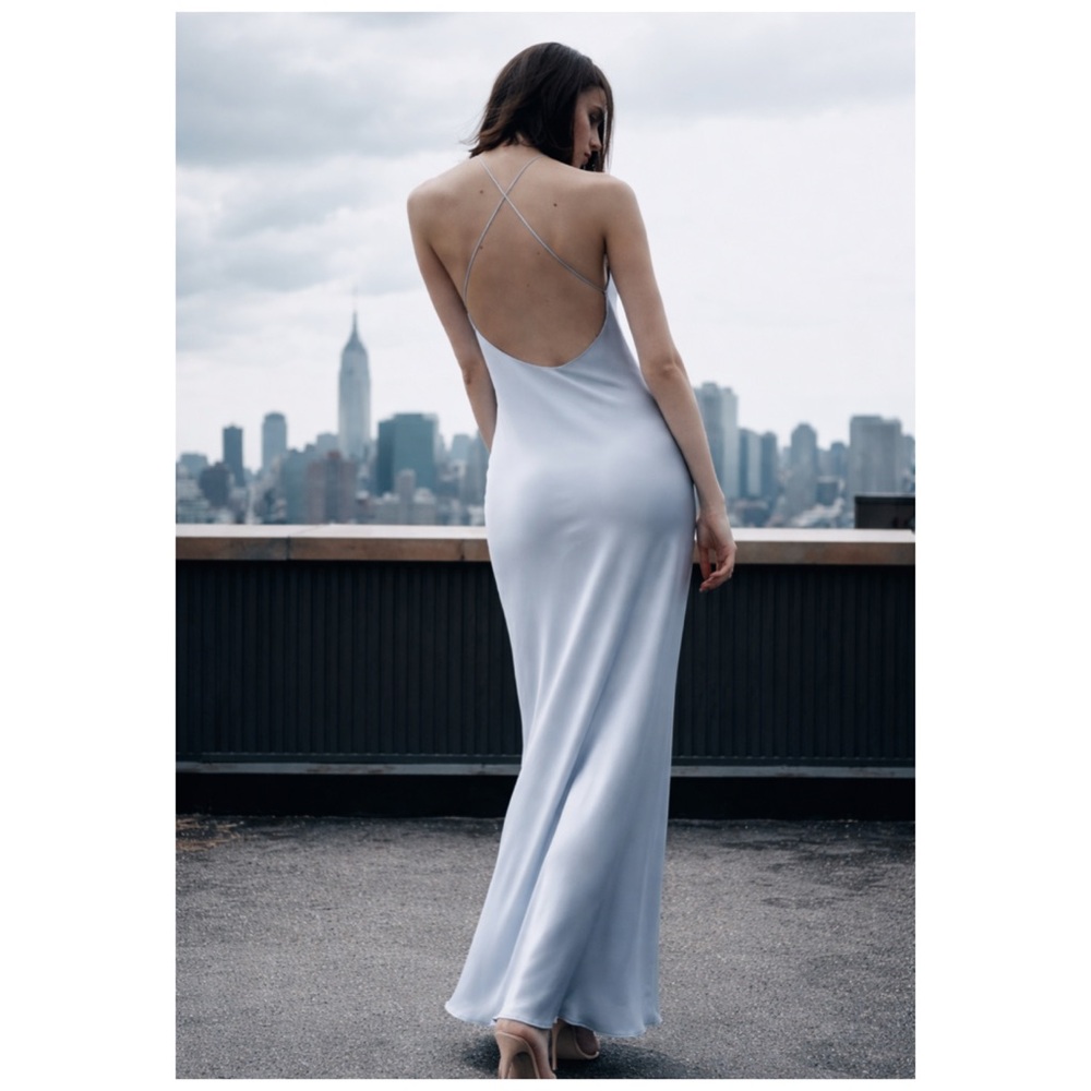 NWT Zara Light Blue Satin Slip Midi Dress Open Back Halter Size M - Picture 3 of 11